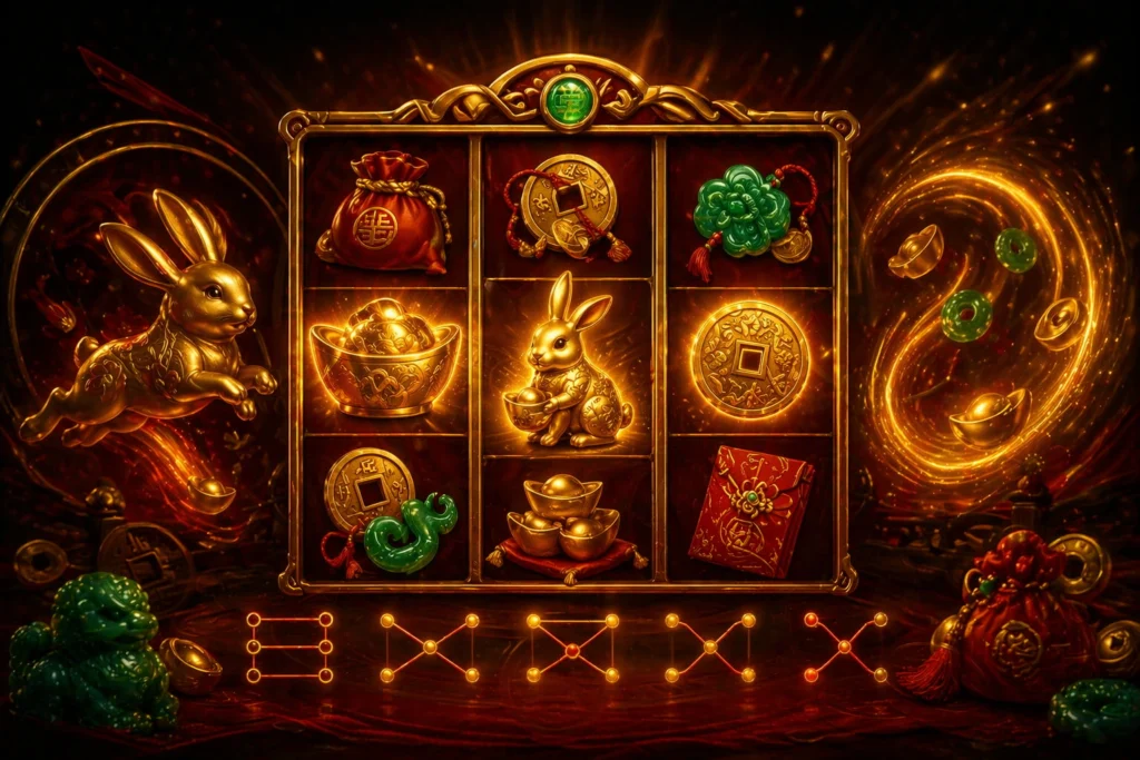 Fortune Rabbit prize symbols and Fortune Spins gameplay illustration