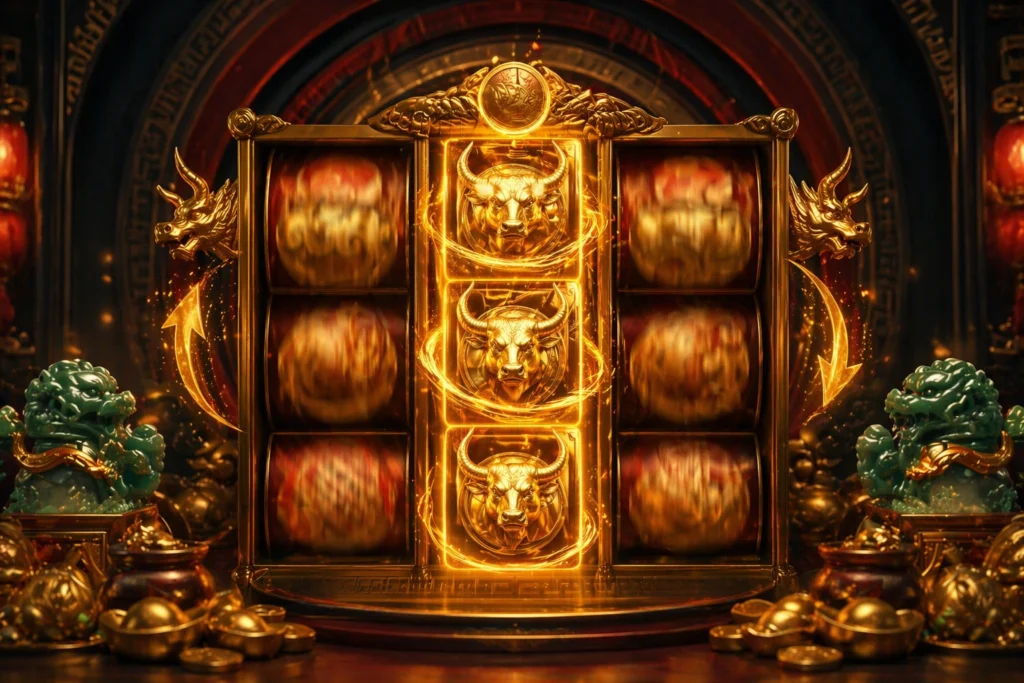 Fortune Ox respins until win and x10 multiplier gameplay illustration