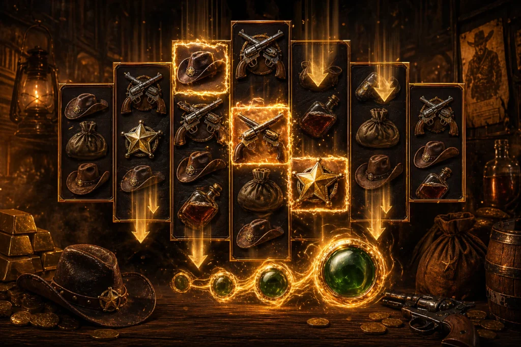 Wild Bounty Showdown cascading wins and gold-framed wilds gameplay illustration